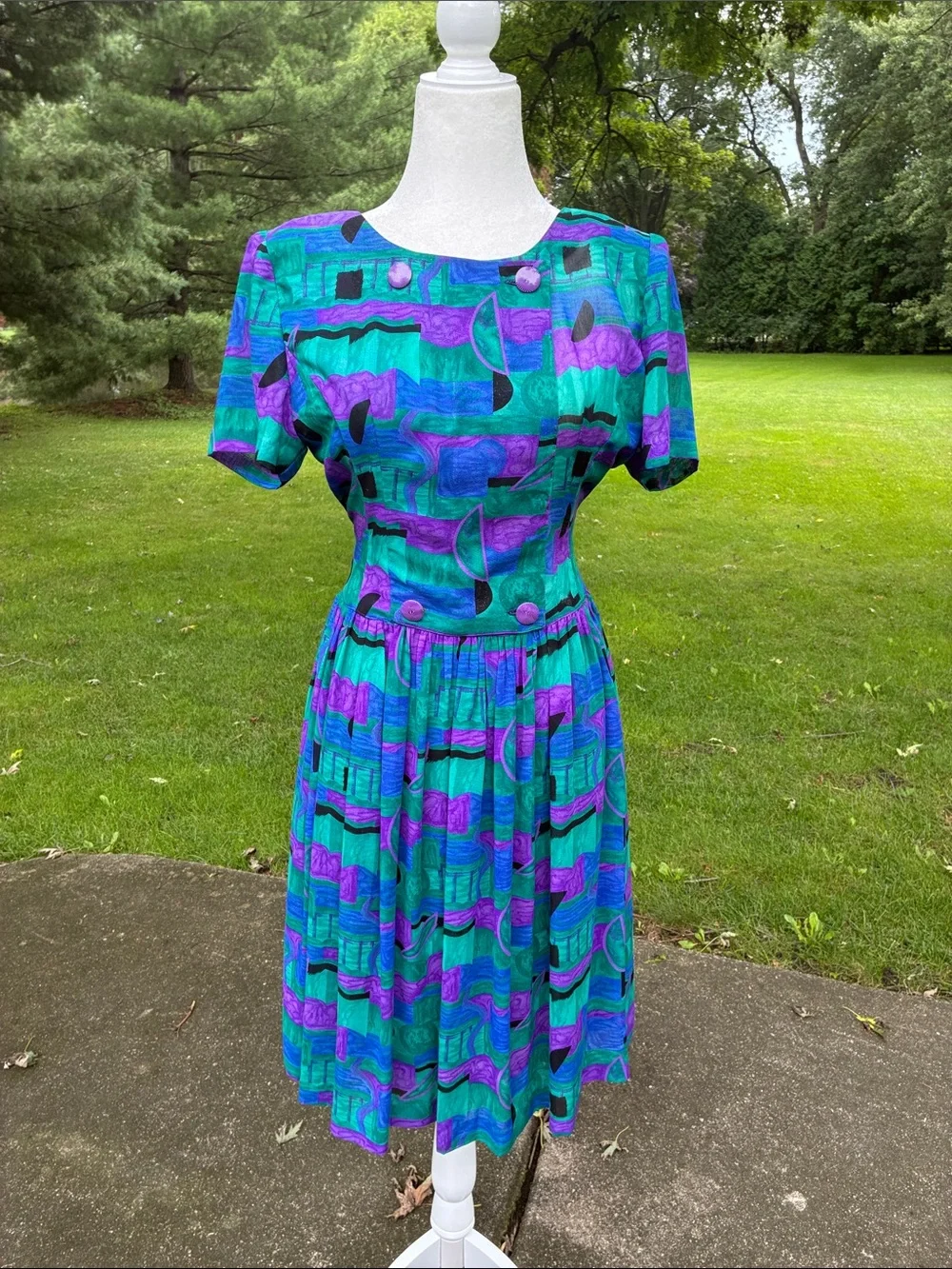 Vintage Teal & Purple Short Sleeve Dress